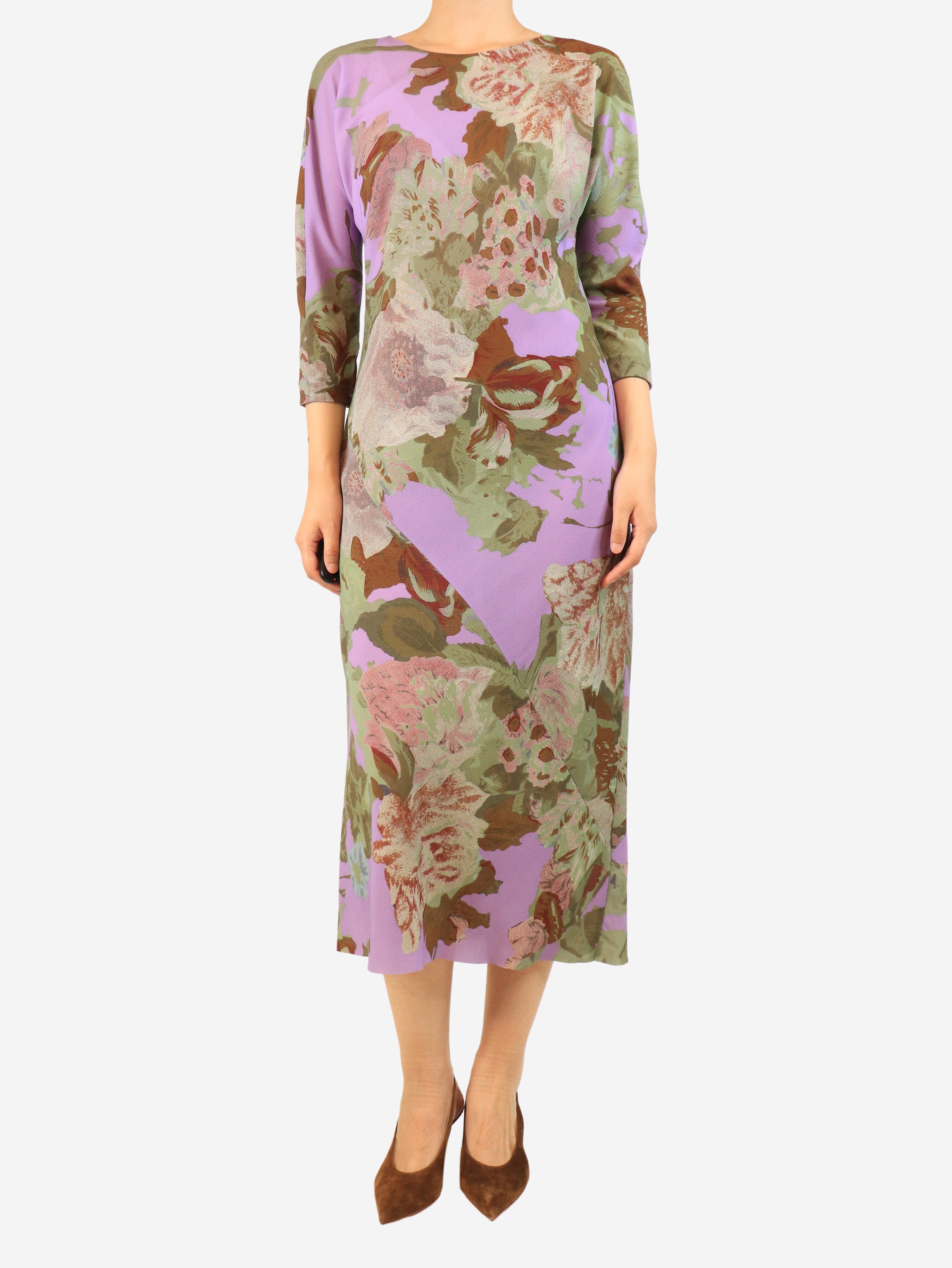 Purple floral midi dress - size UK 12