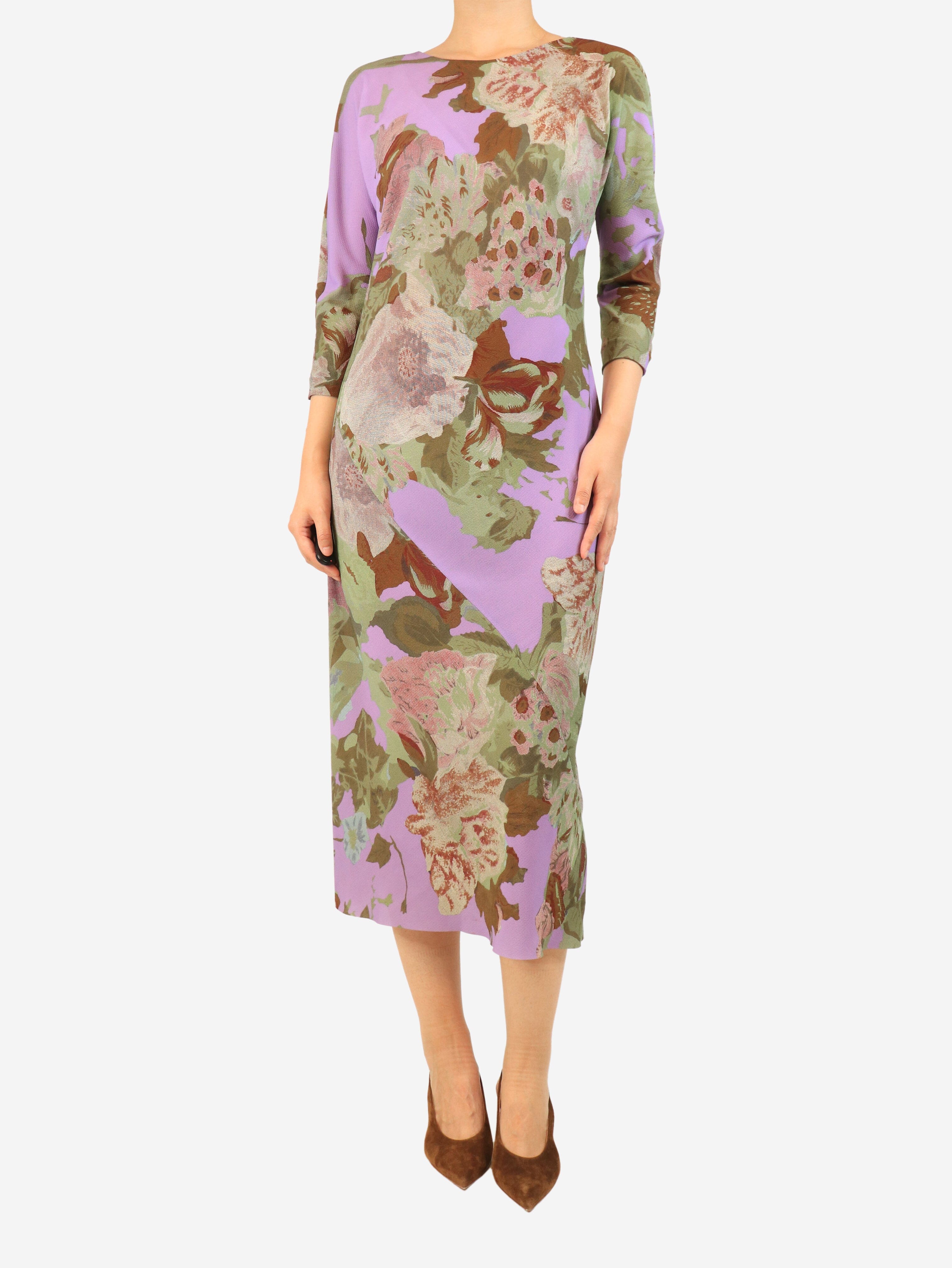 Purple floral midi dress - size UK 12