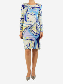 Blue and yellow printed midi dress - size UK 10