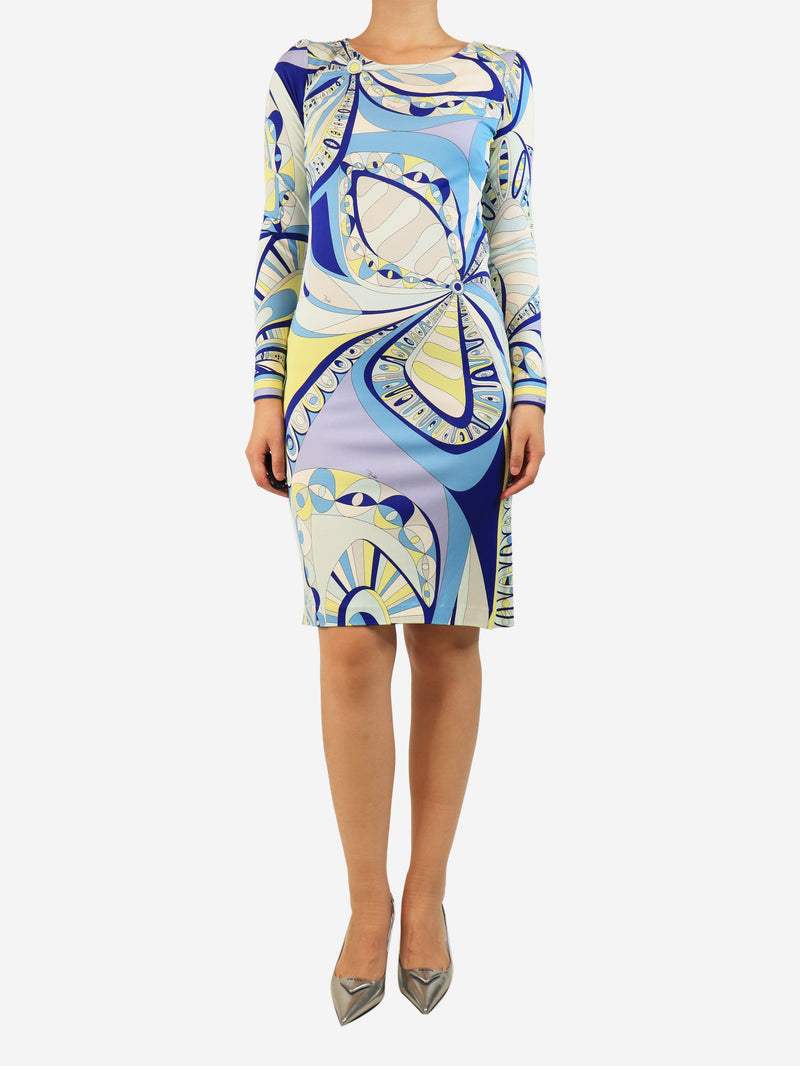 Blue and yellow printed midi dress - size UK 10