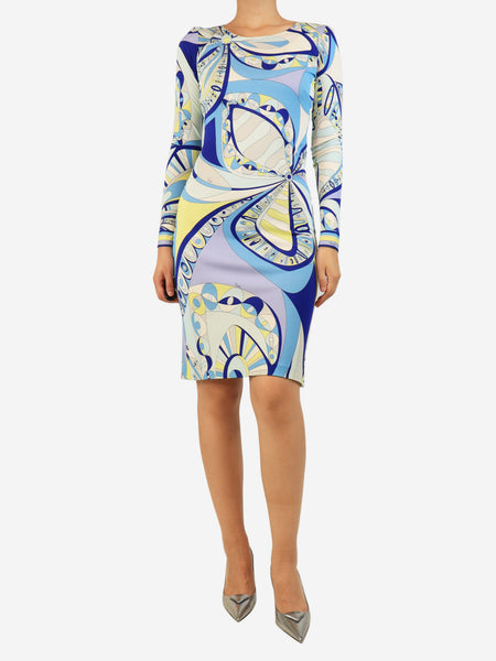 Blue and yellow printed midi dress - size UK 10 product image