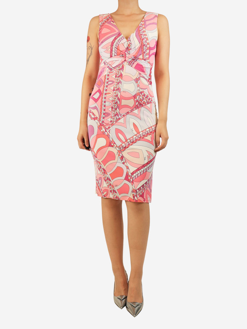 Pink sleeveless printed midi dress - size UK 12