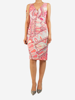 Pink sleeveless printed midi dress - size UK 12