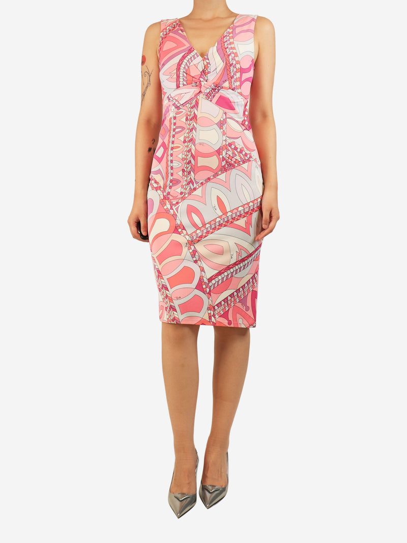 Pink sleeveless printed midi dress - size UK 12