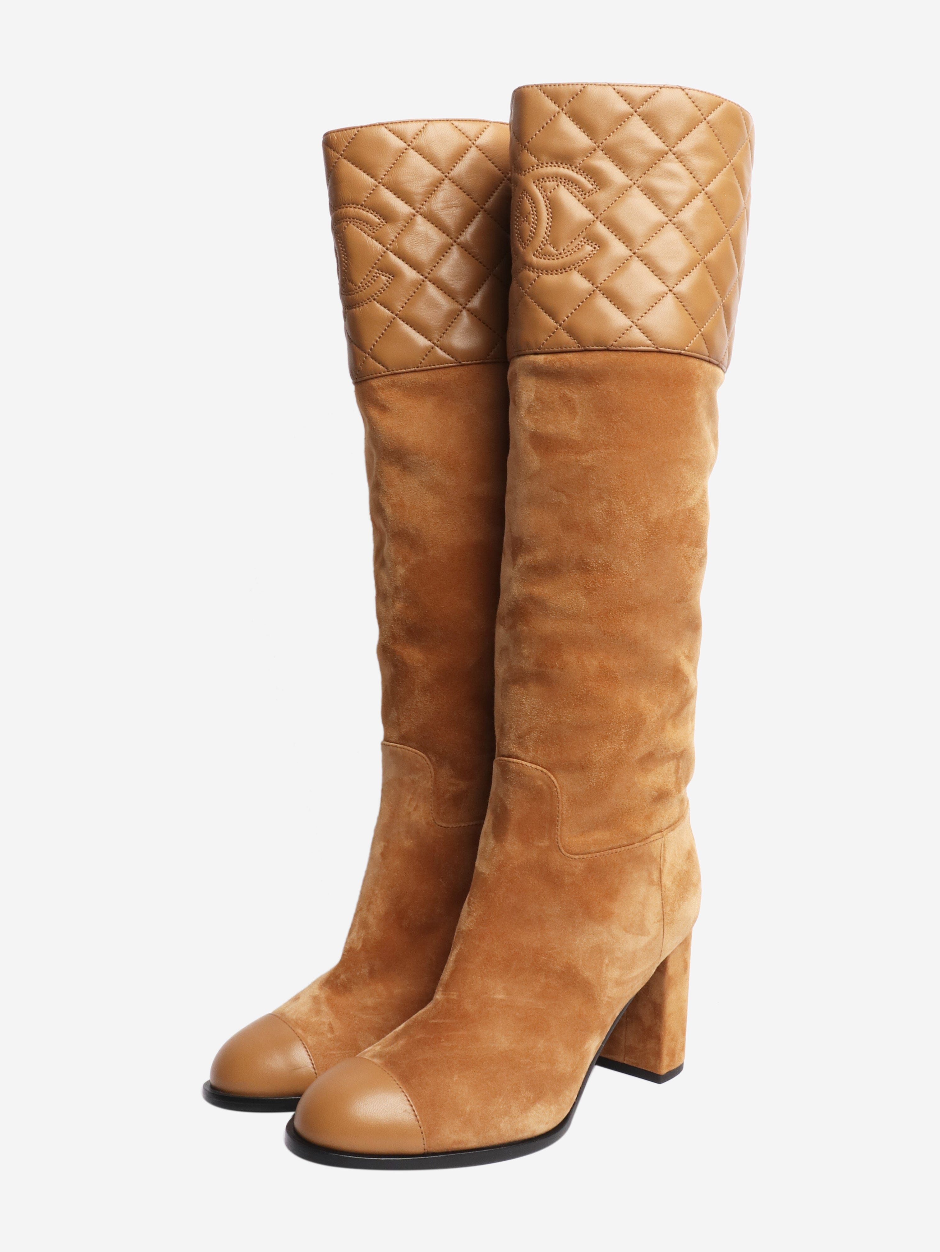 Tan suede and quilted leather knee-high boots - size EU 38.5 Boots Chanel 