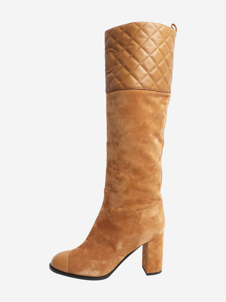Tan suede and quilted leather knee-high boots - size EU 38.5 product image