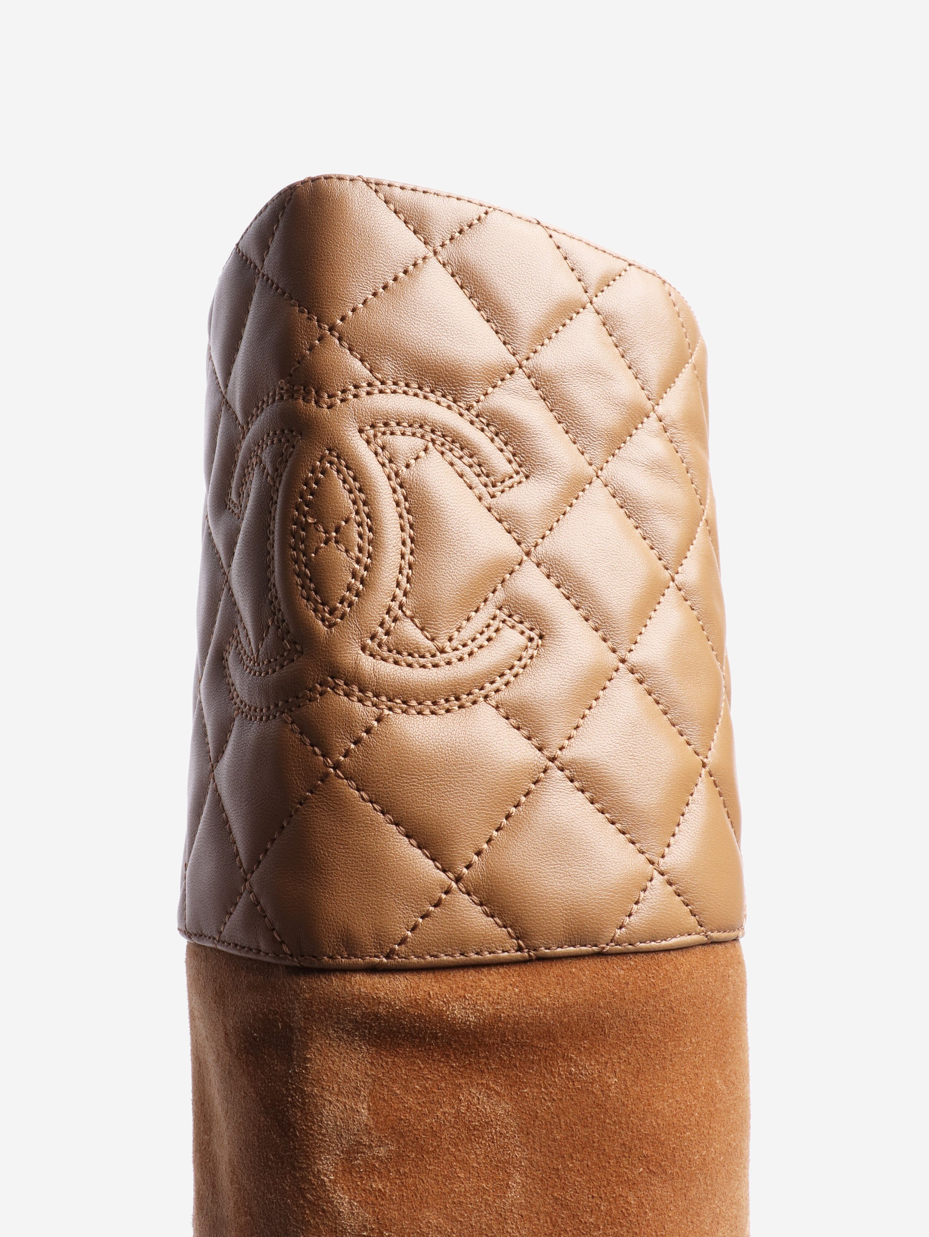 Tan suede and quilted leather knee-high boots - size EU 38.5 Boots Chanel 
