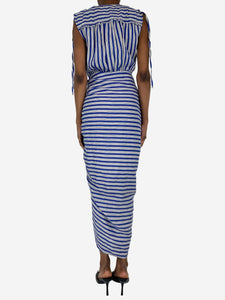 Veronica Beard Blue and white sleeveless striped ruched midi dress - size UK 4