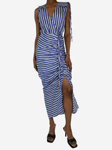 Veronica Beard Blue and white sleeveless striped ruched midi dress - size UK 4