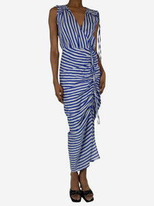 Veronica Beard Blue and white sleeveless striped ruched midi dress - size UK 4