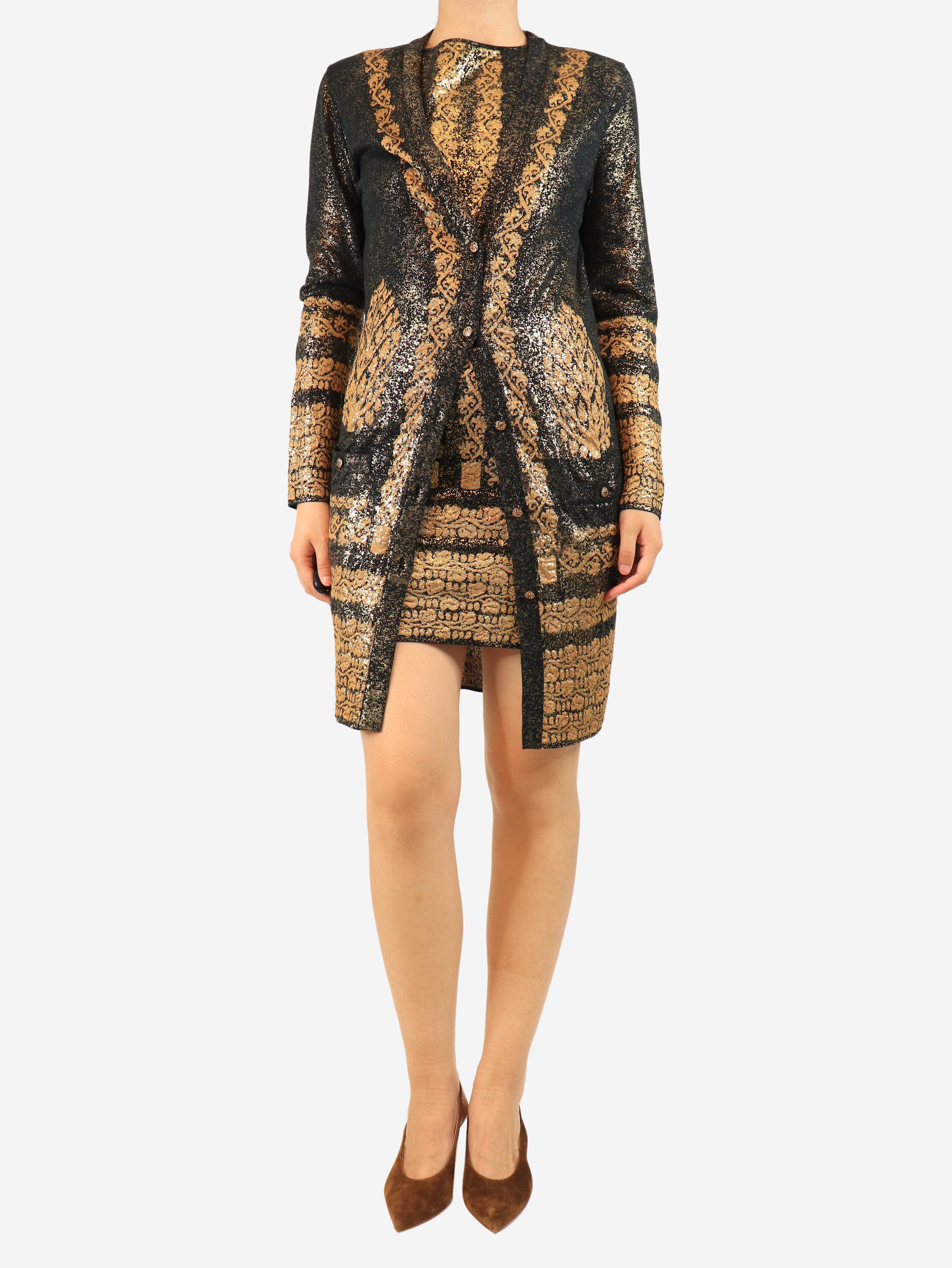 Black and gold metallic printed dress and cardigan set - size UK 8