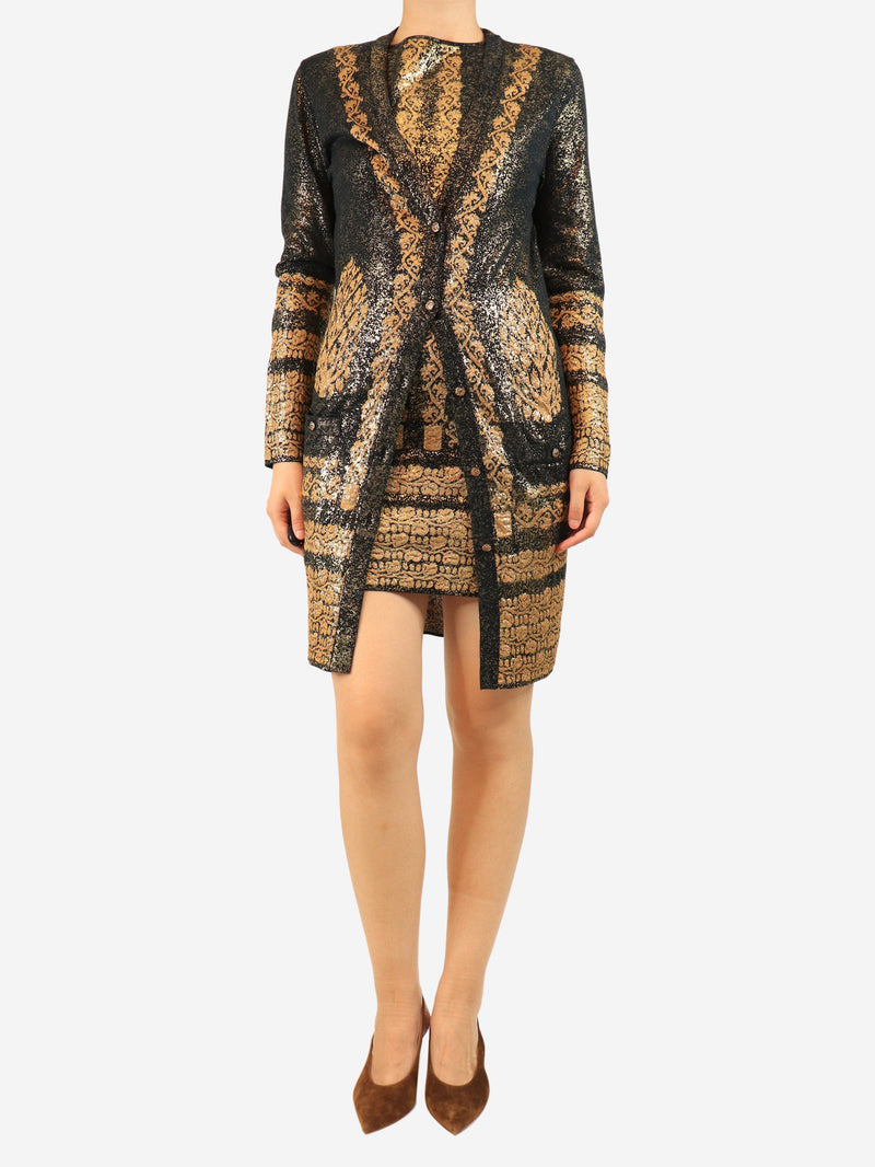 Black and gold metallic printed dress and cardigan set - size UK 8