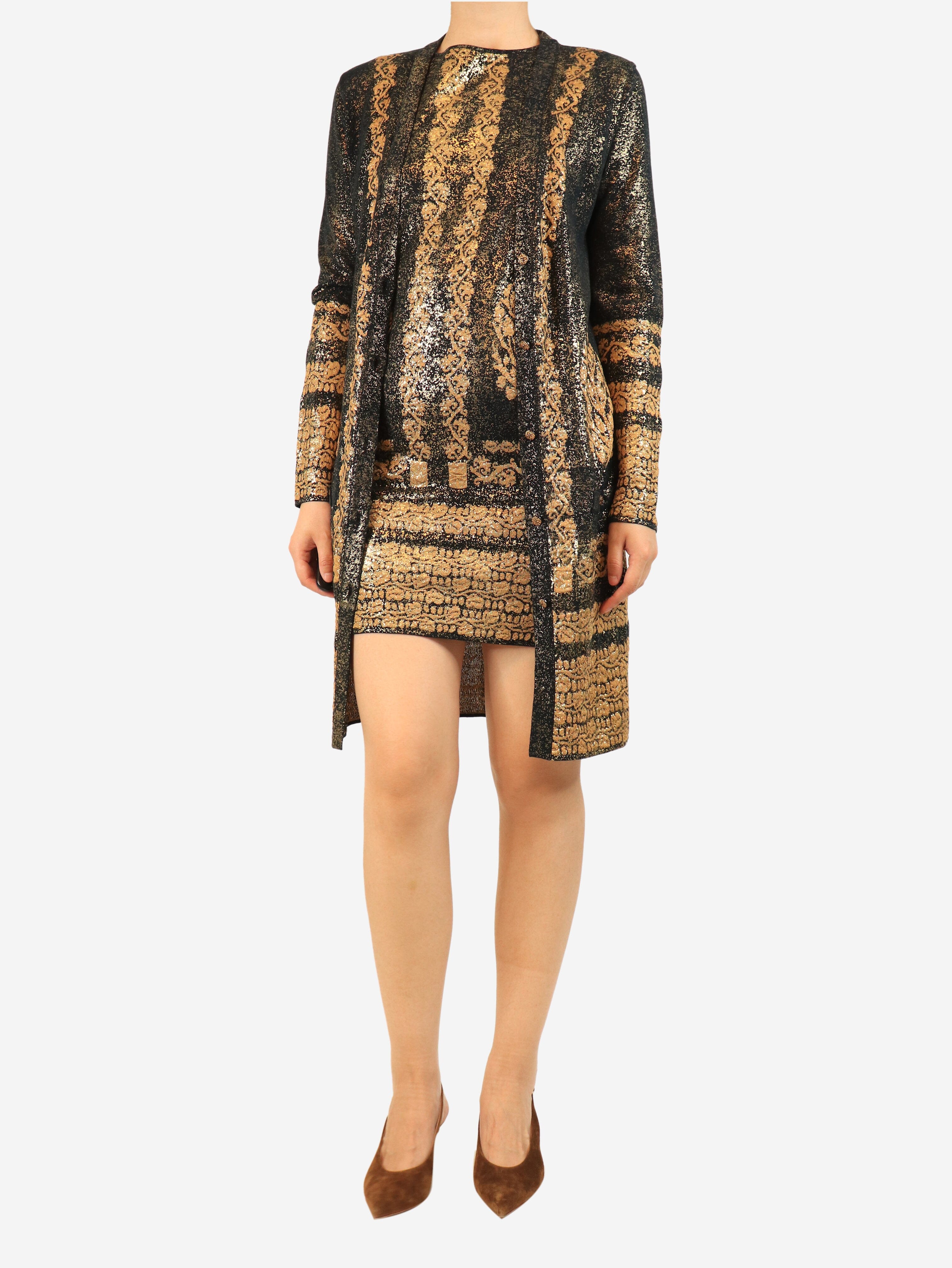 Black and gold metallic printed dress and cardigan set - size UK 8