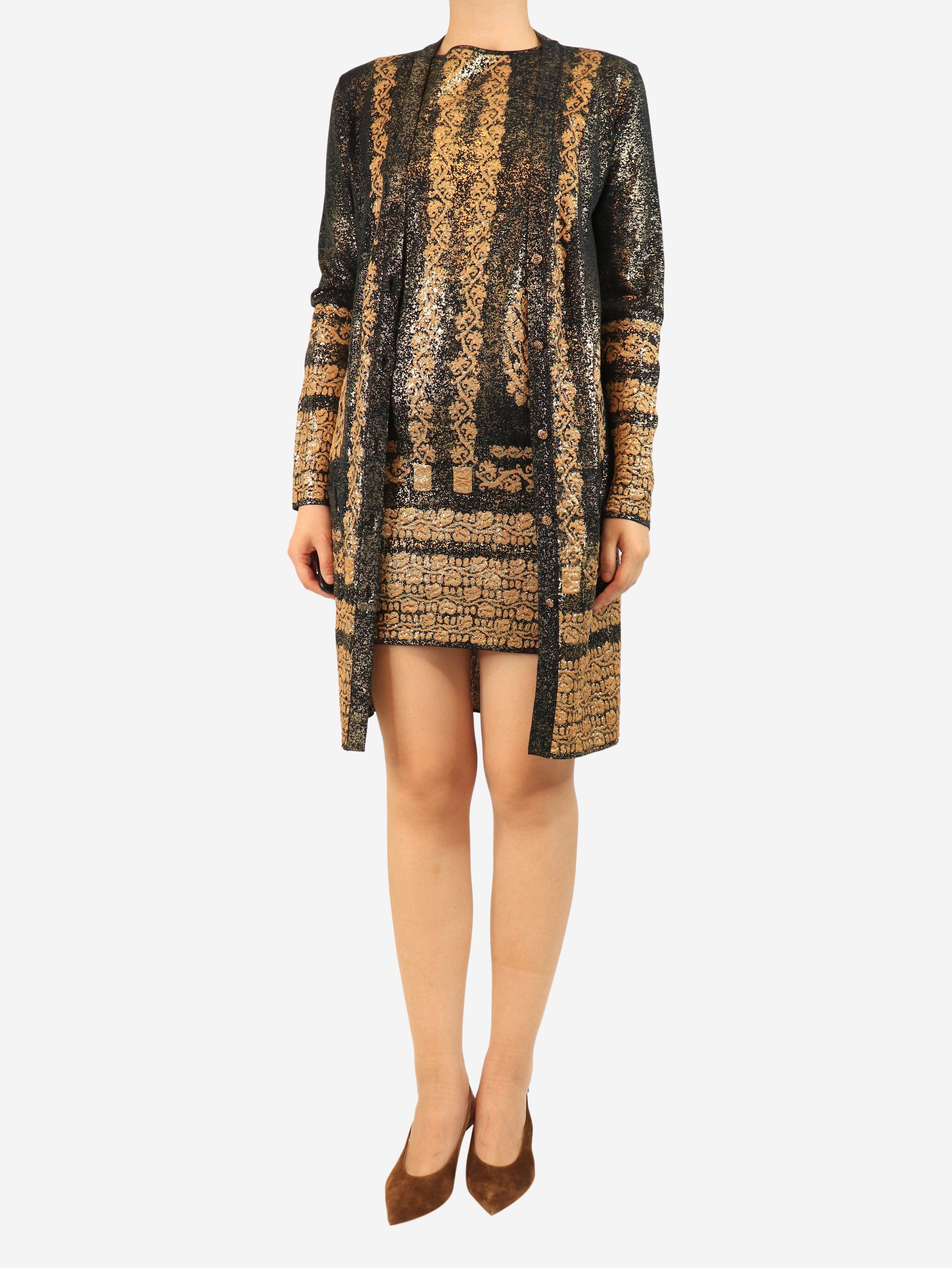 Black and gold metallic printed dress and cardigan set - size UK 8