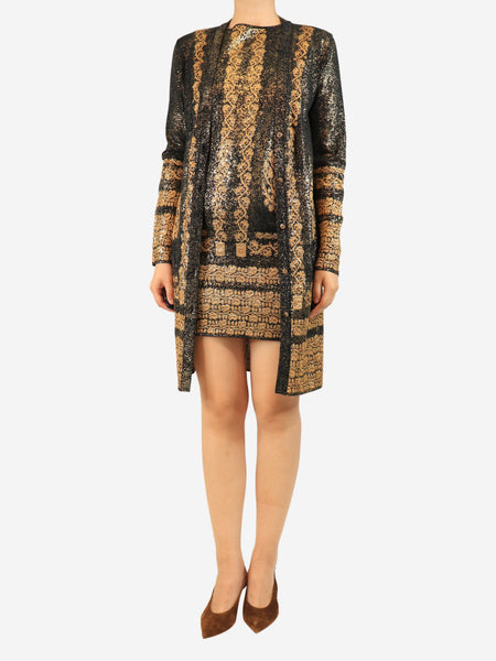 Black and gold metallic printed dress and cardigan set - size UK 8 product image