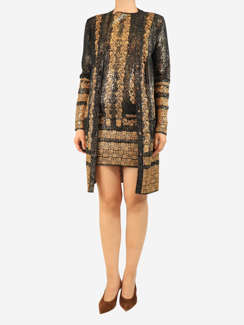 Black and gold metallic printed dress and cardigan set - size UK 8