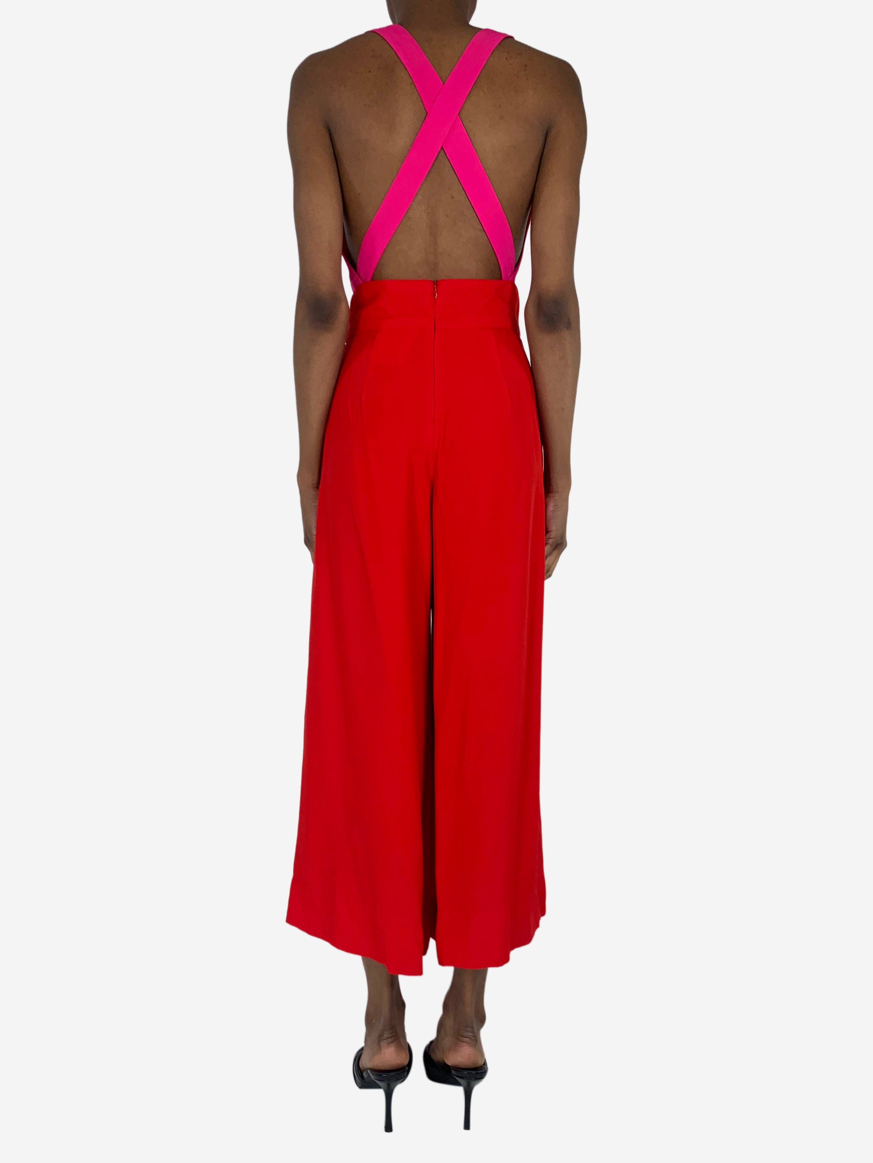 Red Joyce cropped two-tone crepe de chine jumpsuit - size UK 6 Jumpsuits Staud 