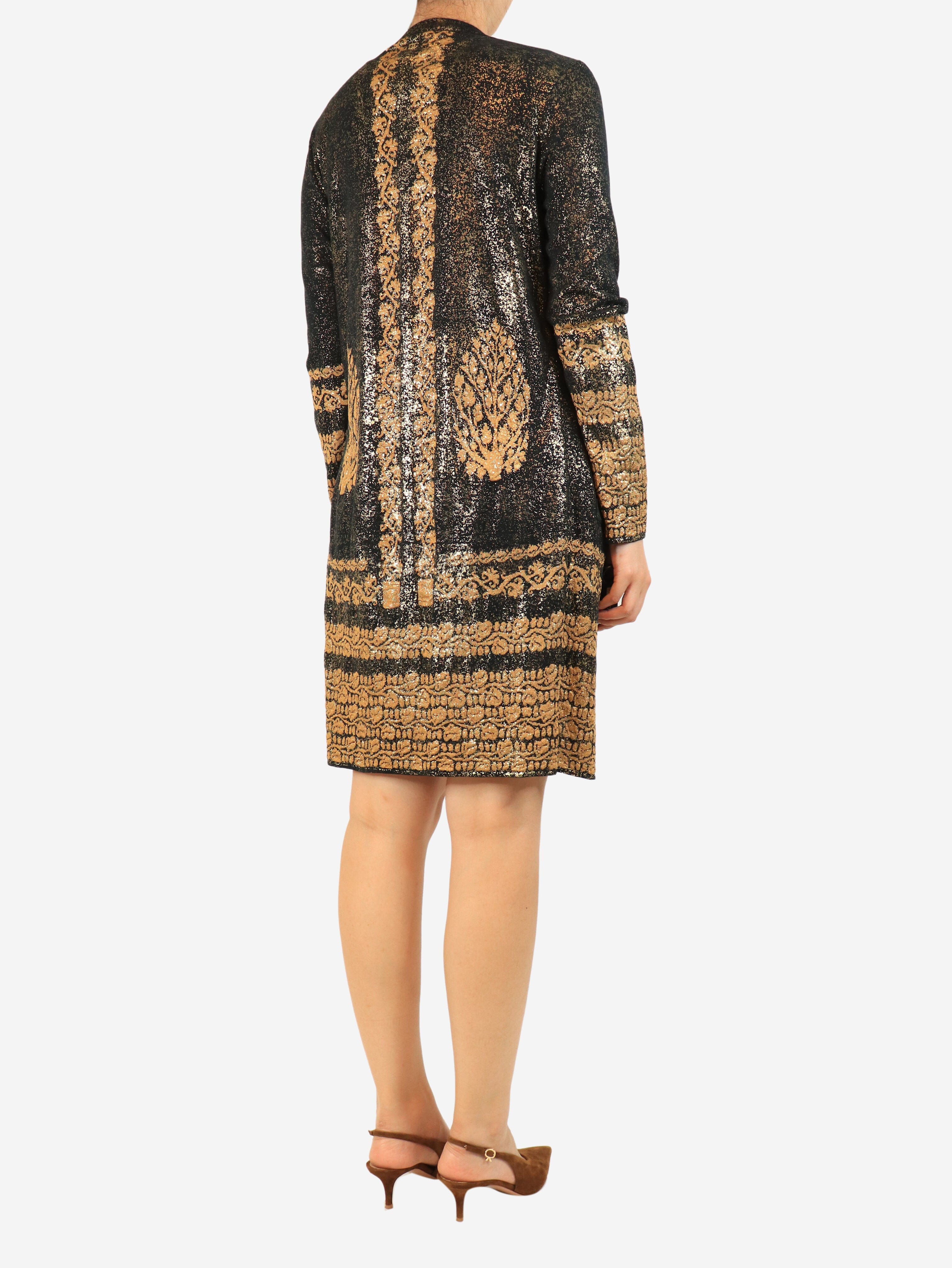 Black and gold metallic printed dress and cardigan set - size UK 8