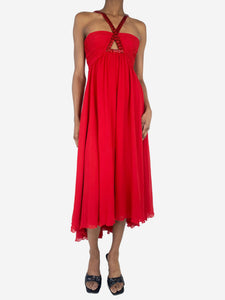 Roberto Cavalli Red halter neck beaded midi dress - size UK 4