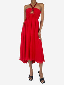 Roberto Cavalli Red halter neck beaded midi dress - size UK 4