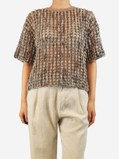 Neutral embellished open-knit sweater - size L