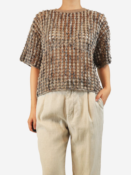 Neutral embellished open-knit sweater - size L product image