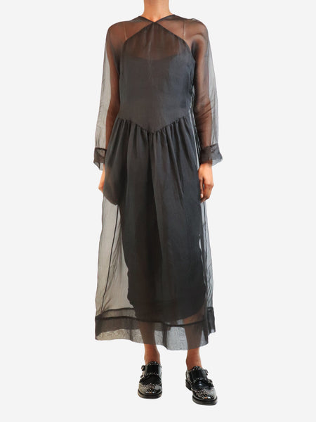 Black short-sleeved sheer silk midi dress - size S product image