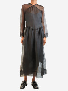 Black short-sleeved sheer silk midi dress - size S Dresses SC103 