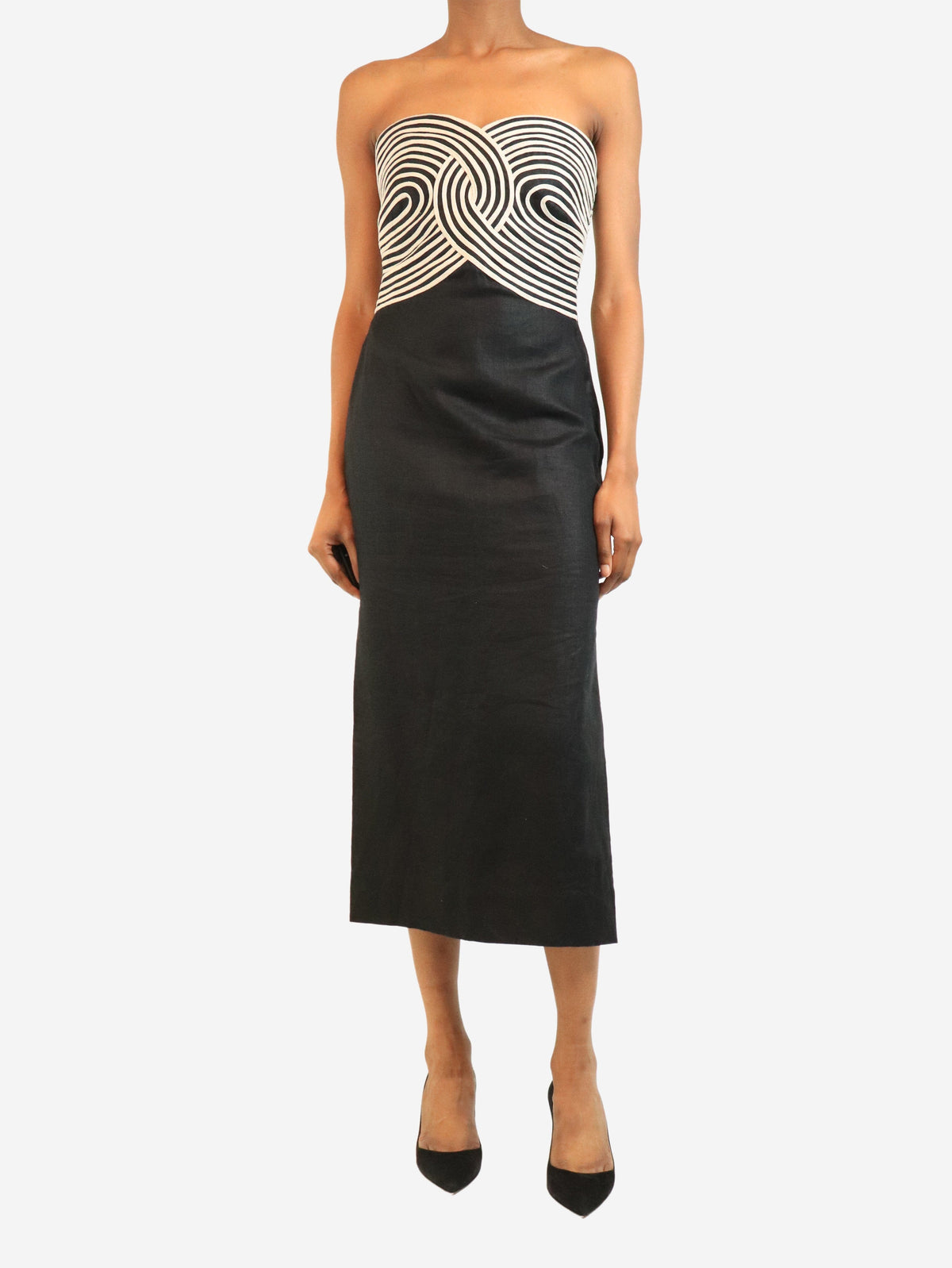 Black and beige strapless linen midi dress - size UK 6 Dresses Andres Otalora 
