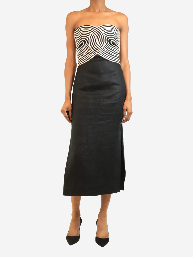 Black and beige strapless linen midi dress - size UK 6 Dresses Andres Otalora 