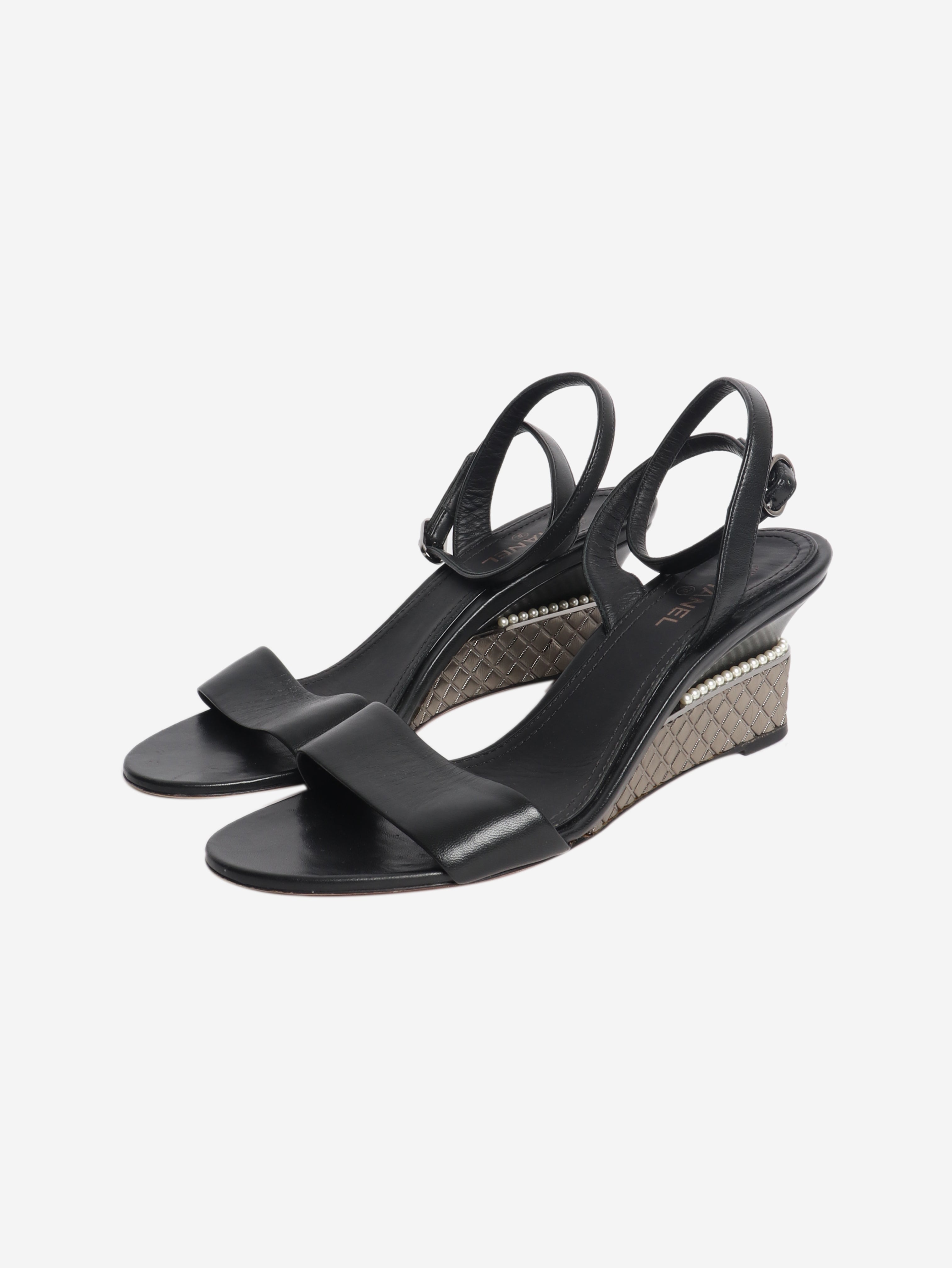 Black pearl wedge sandal heels - size EU 37.5