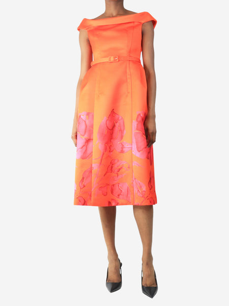Orange off-shoulder watercolour floral midi dress - size UK 8 product image