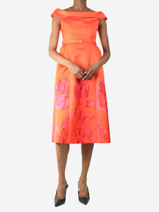 Huishan Zhang Orange off-shoulder watercolour floral midi dress - size UK 8