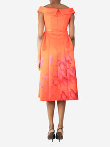 Huishan Zhang Orange off-shoulder watercolour floral midi dress - size UK 8