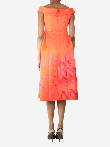 Orange off-shoulder watercolour floral midi dress - size UK 8 alternate image