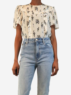 Cream short-sleeved floral silk top - size UK 4 Tops Miu Miu 