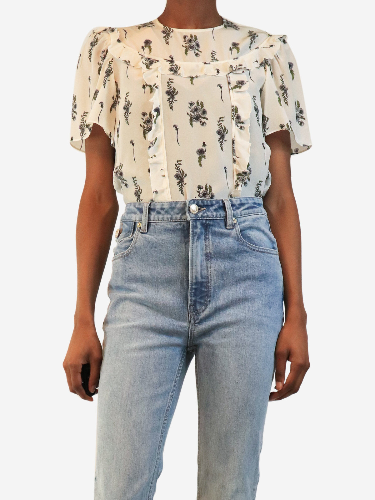 Cream short-sleeved floral silk top - size UK 4 Tops Miu Miu 