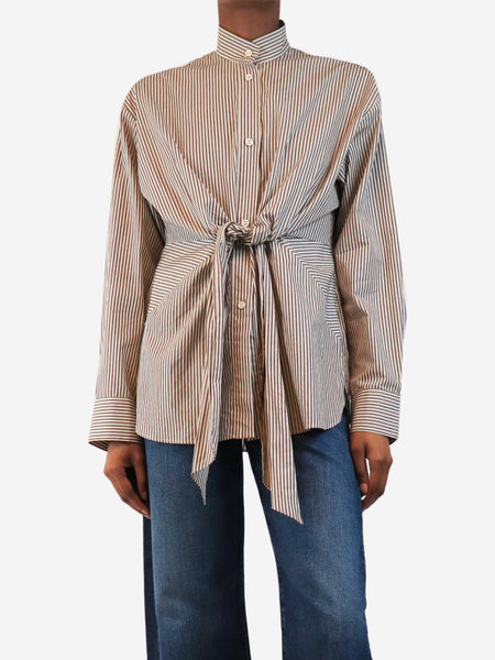 Brown and cream tie up front shirt - size XS product image