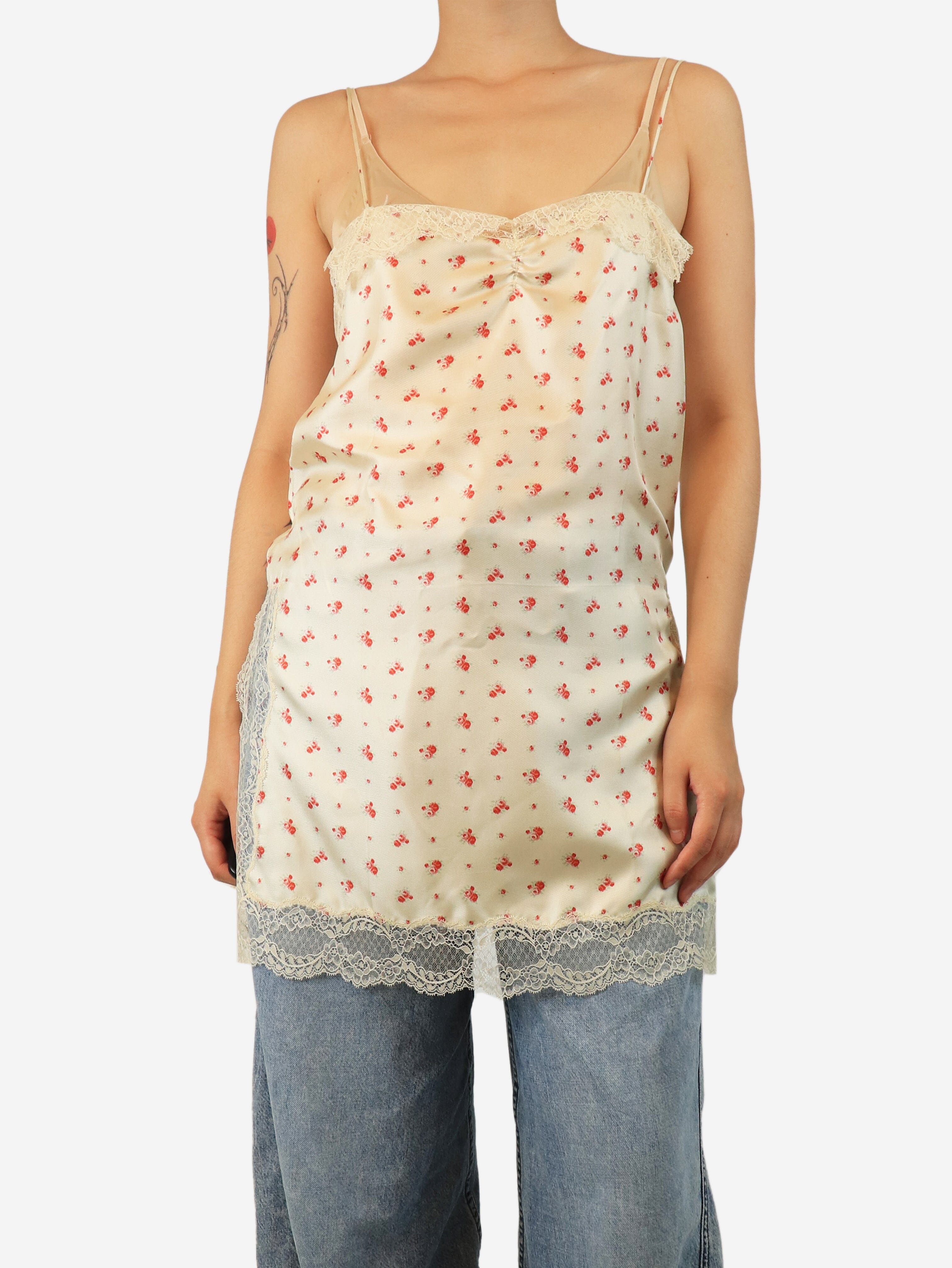 Cream floral lace silk top - size UK 8