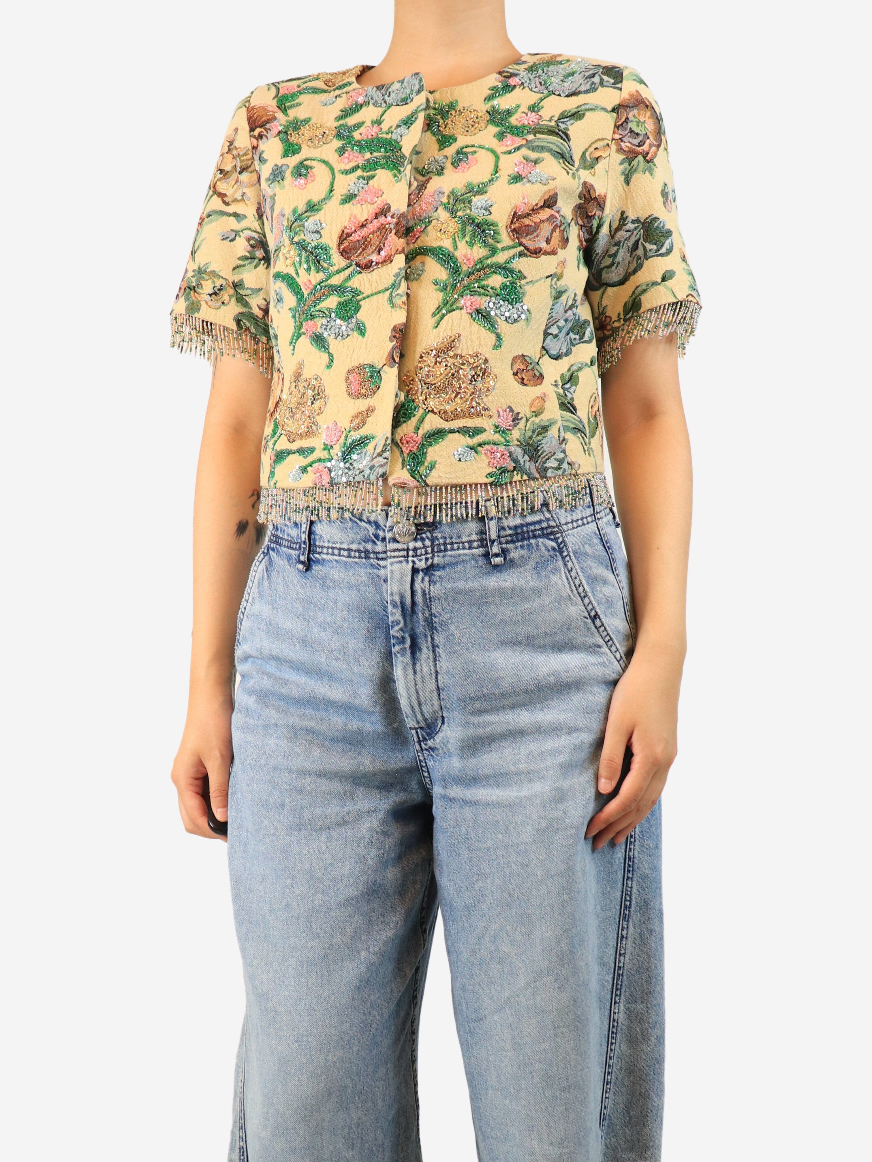 Neutral beaded short sleeve jacket - size S