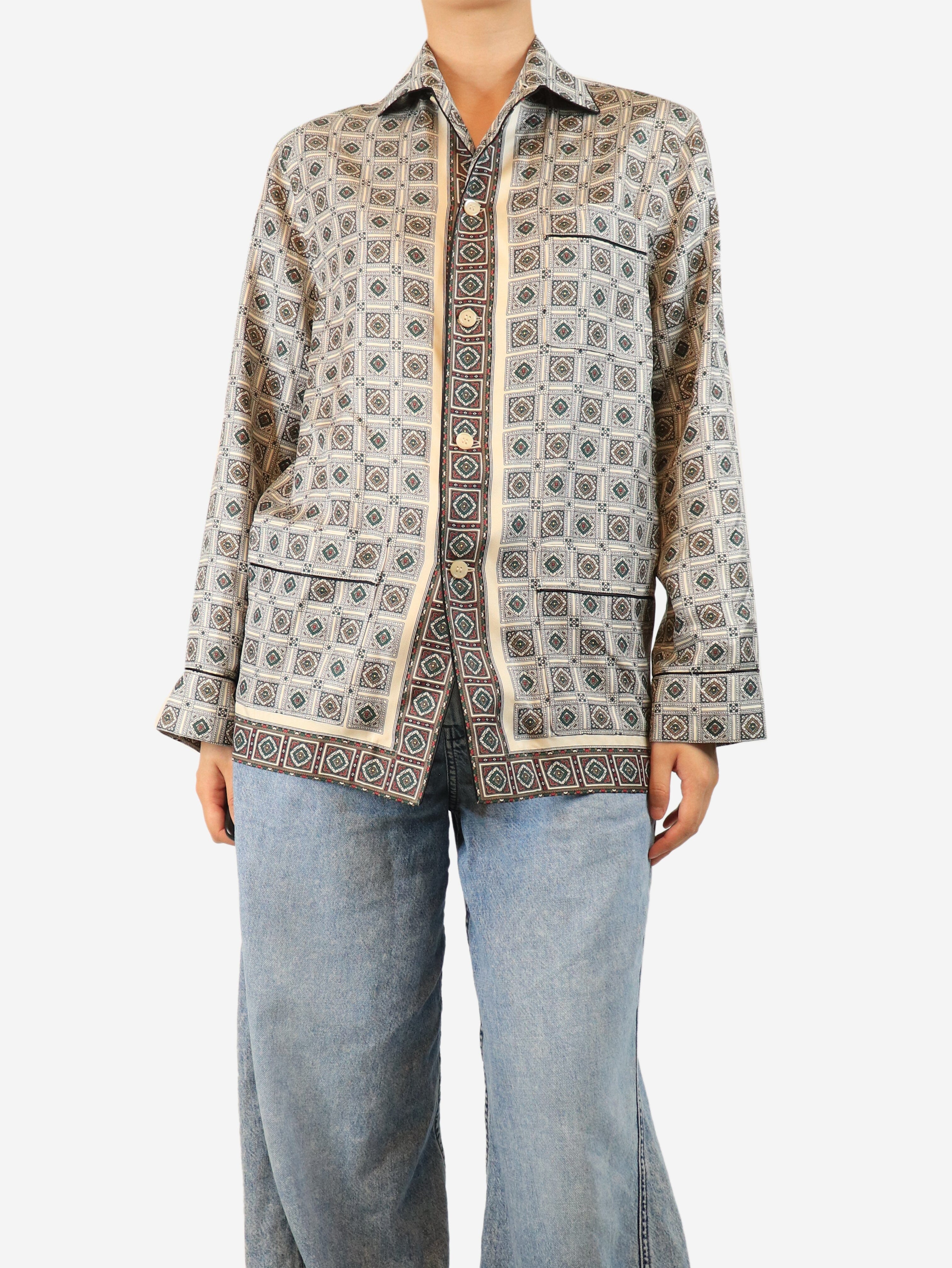 Green and grey printed silk shirt - size UK 12