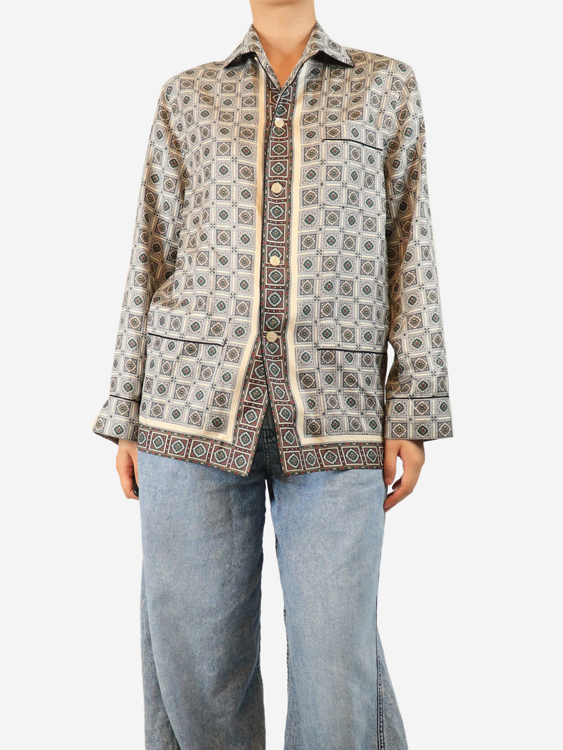 Green and grey printed silk shirt - size UK 12