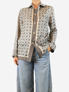 Green and grey printed silk shirt - size UK 12