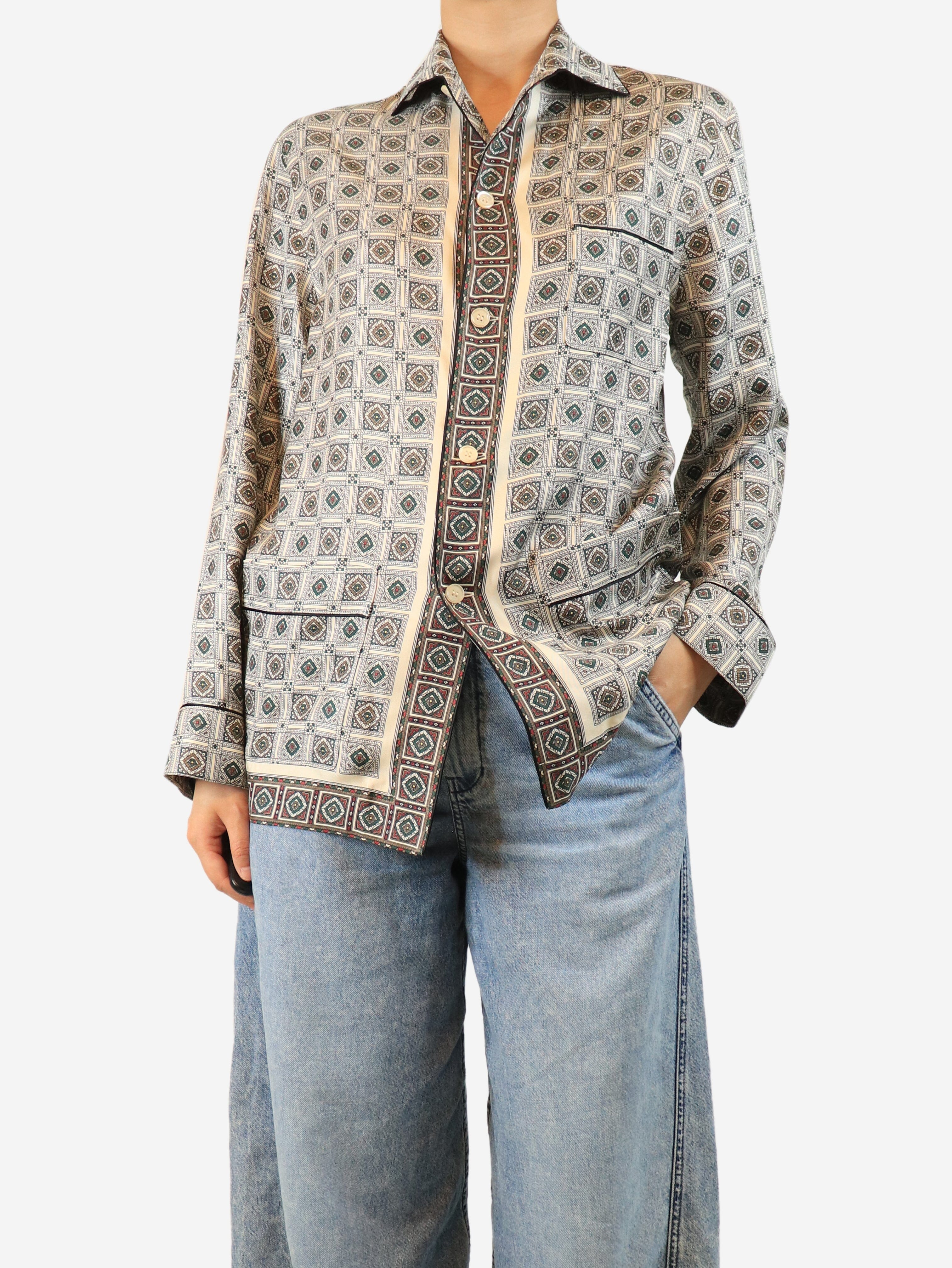 Green and grey printed silk shirt - size UK 12