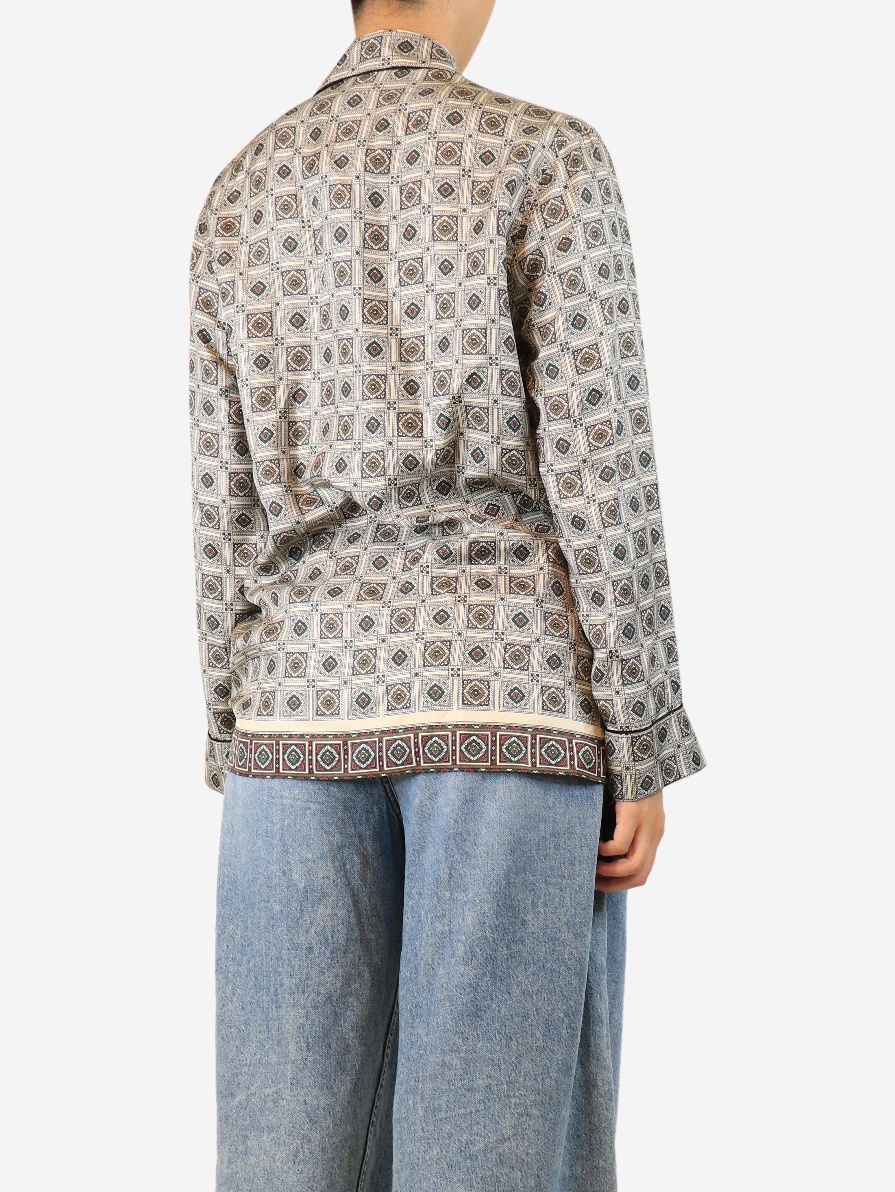 Green and grey printed silk shirt - size UK 12
