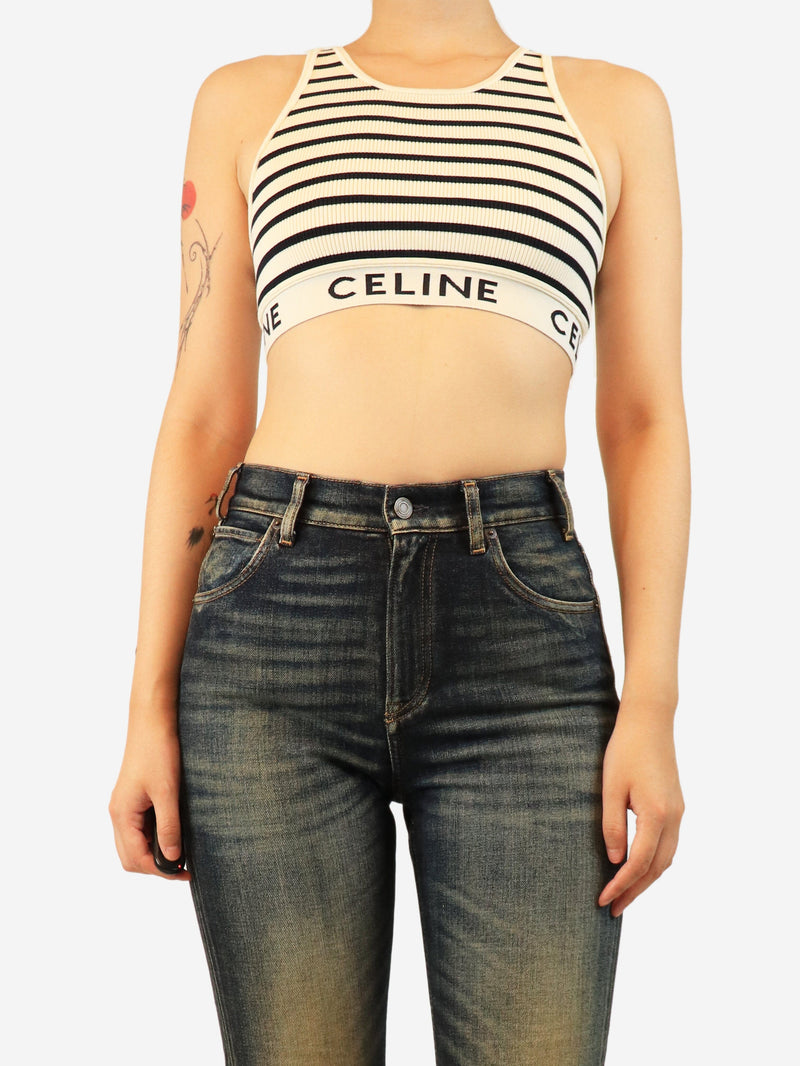 Cream and black striped athletic-rib crop top - size M