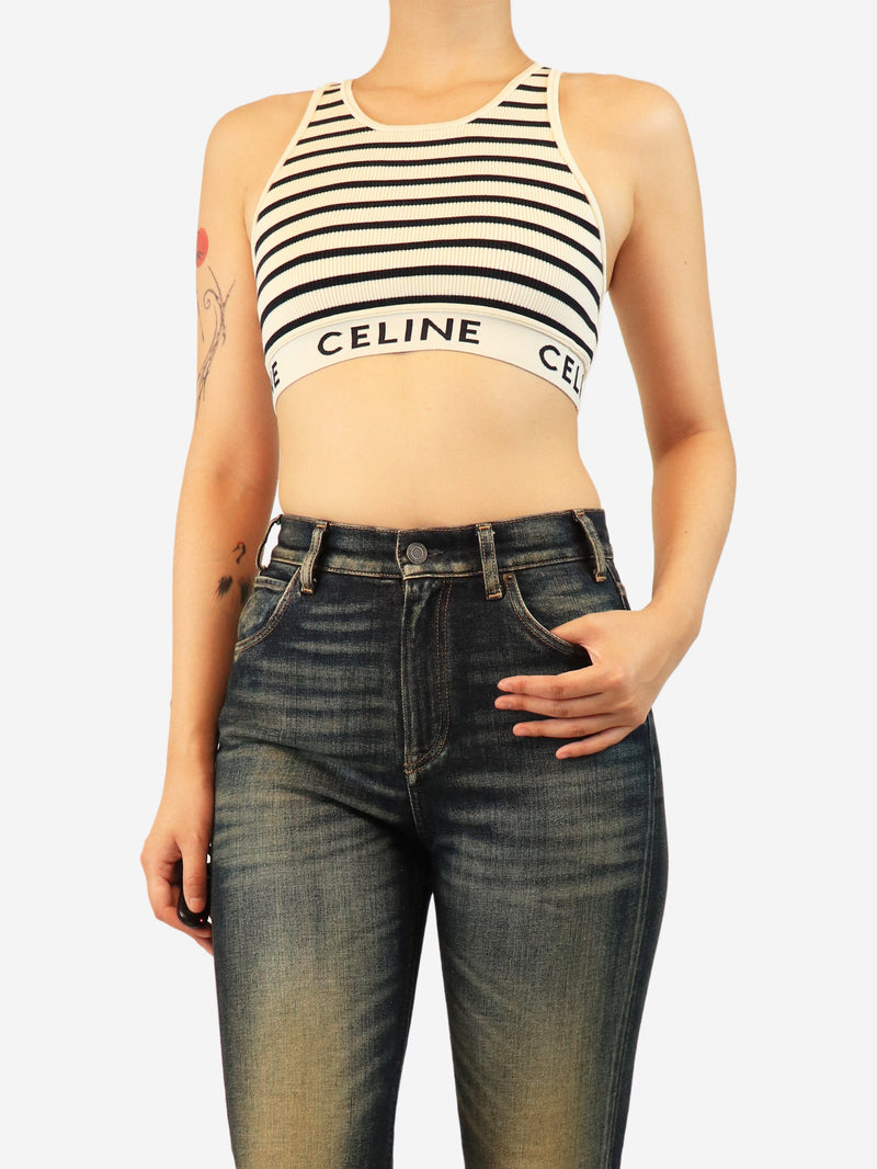 Cream and black striped athletic-rib crop top - size M