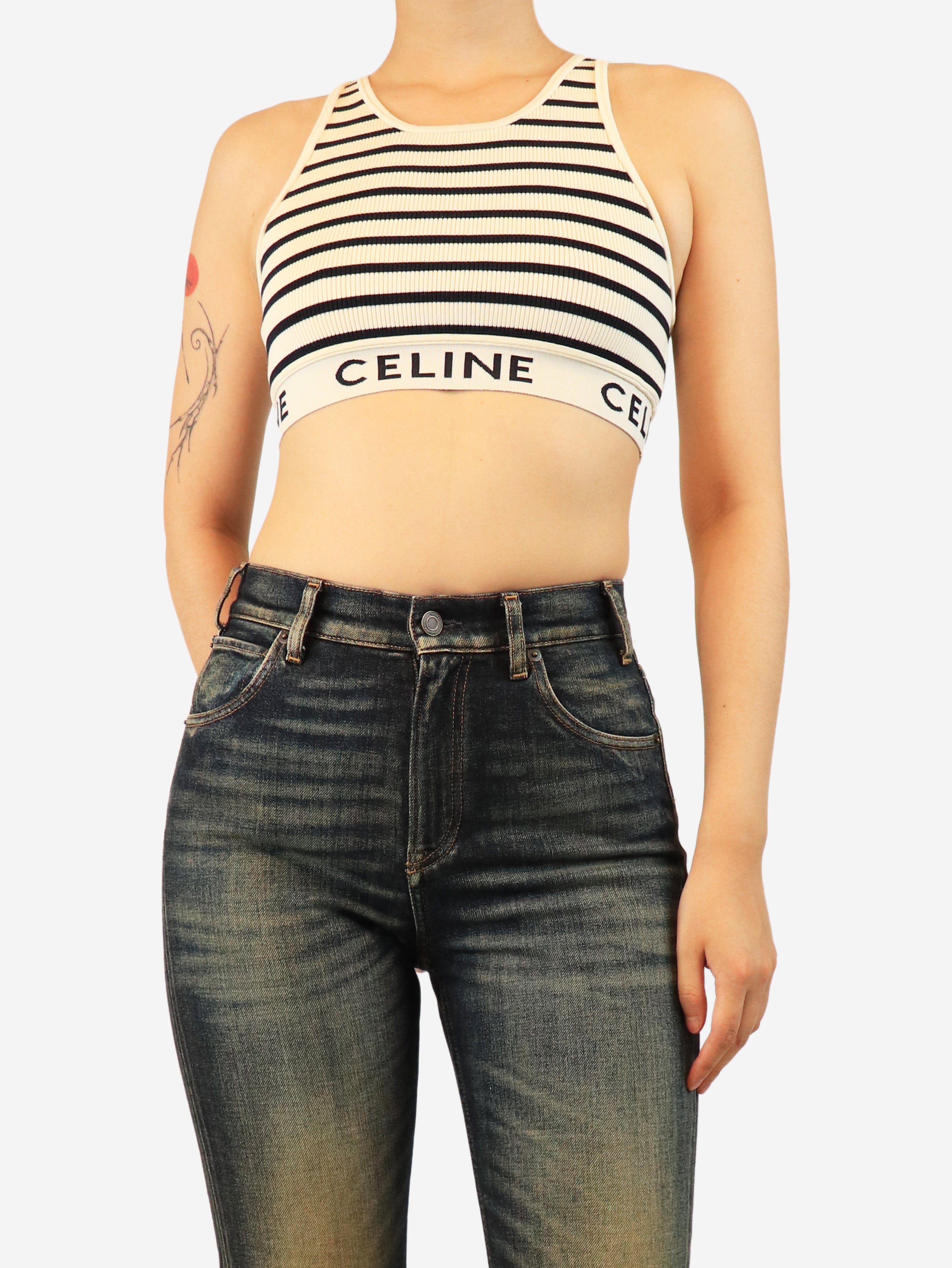 Cream and black striped athletic-rib crop top - size M