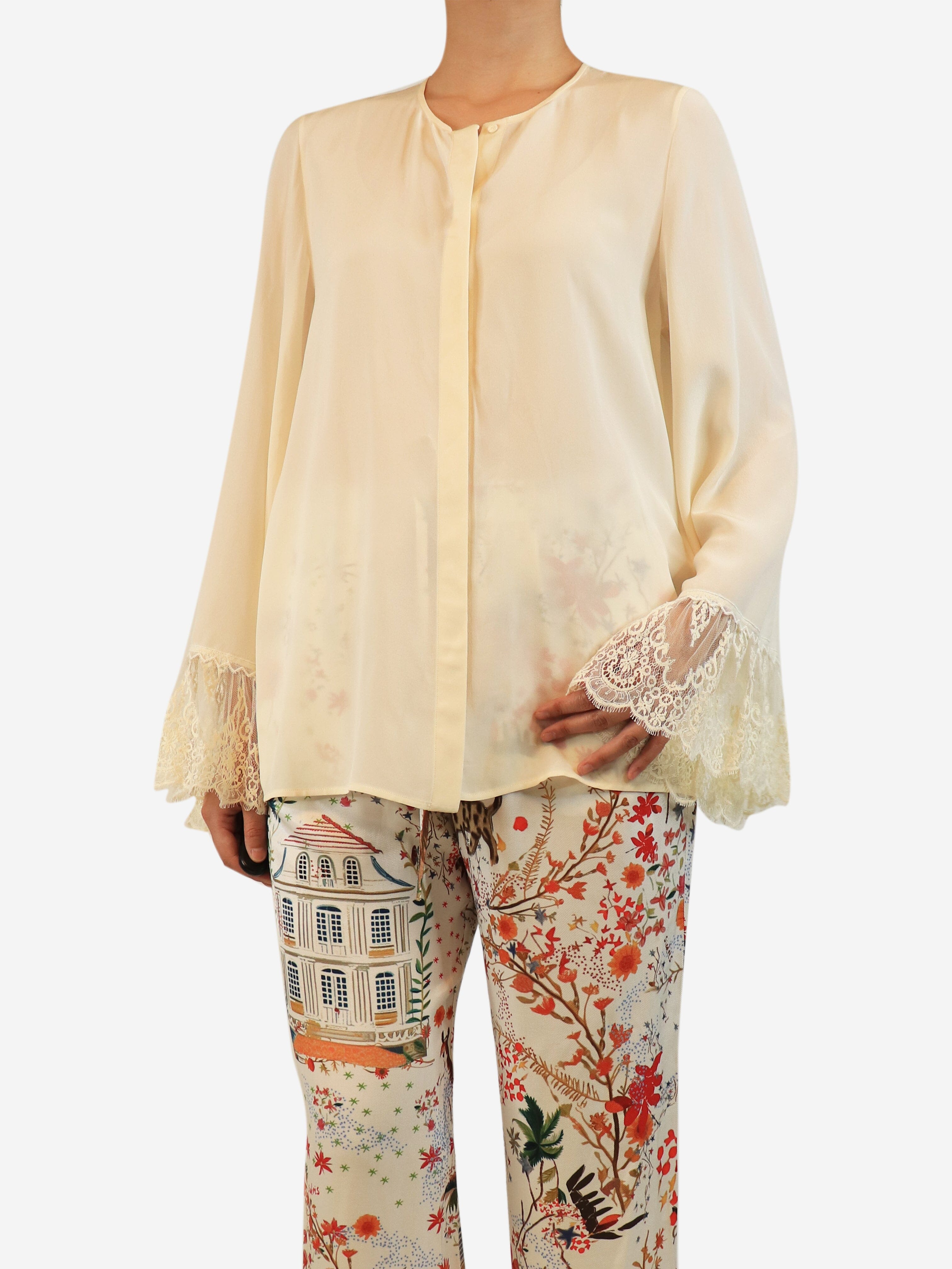 Coconut milk lace-cuffed silk blouse - size UK 8 Tops Chloe 