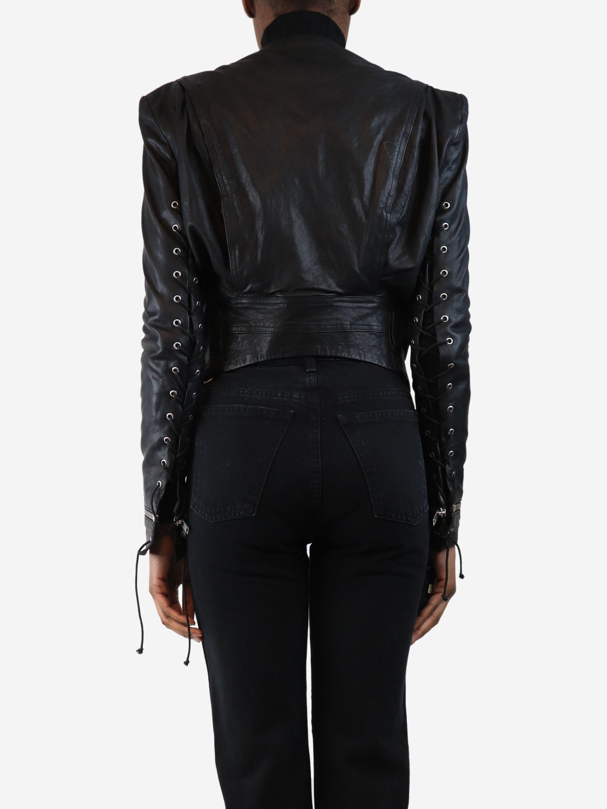 Black leather lace-up sleeve jacket - size UK 10 | Sign of the Times